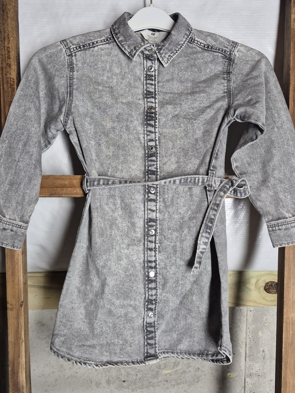 H&M Grey Acid-Wash Denim Shirt Dress with Tie Belt